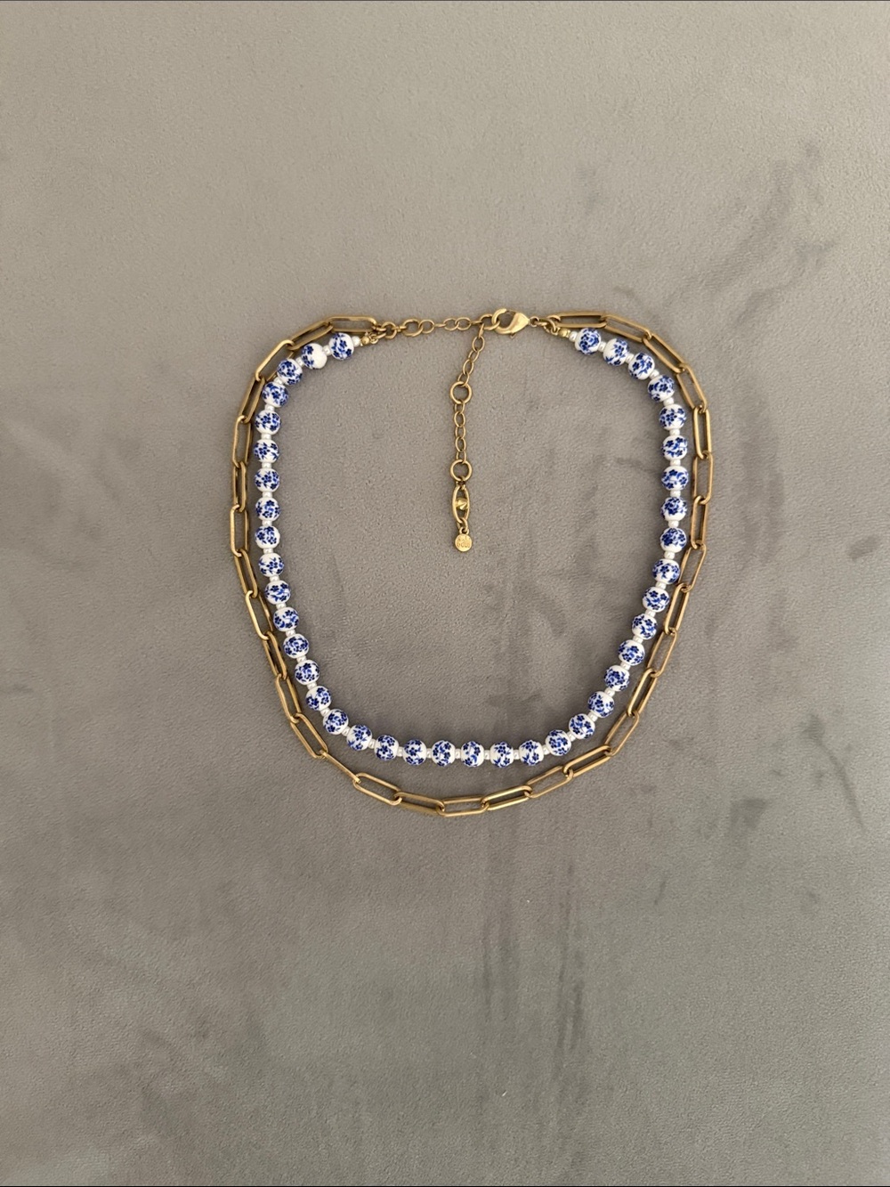 Gold Chain Necklace with Blue & White Beads - Women Jewelry